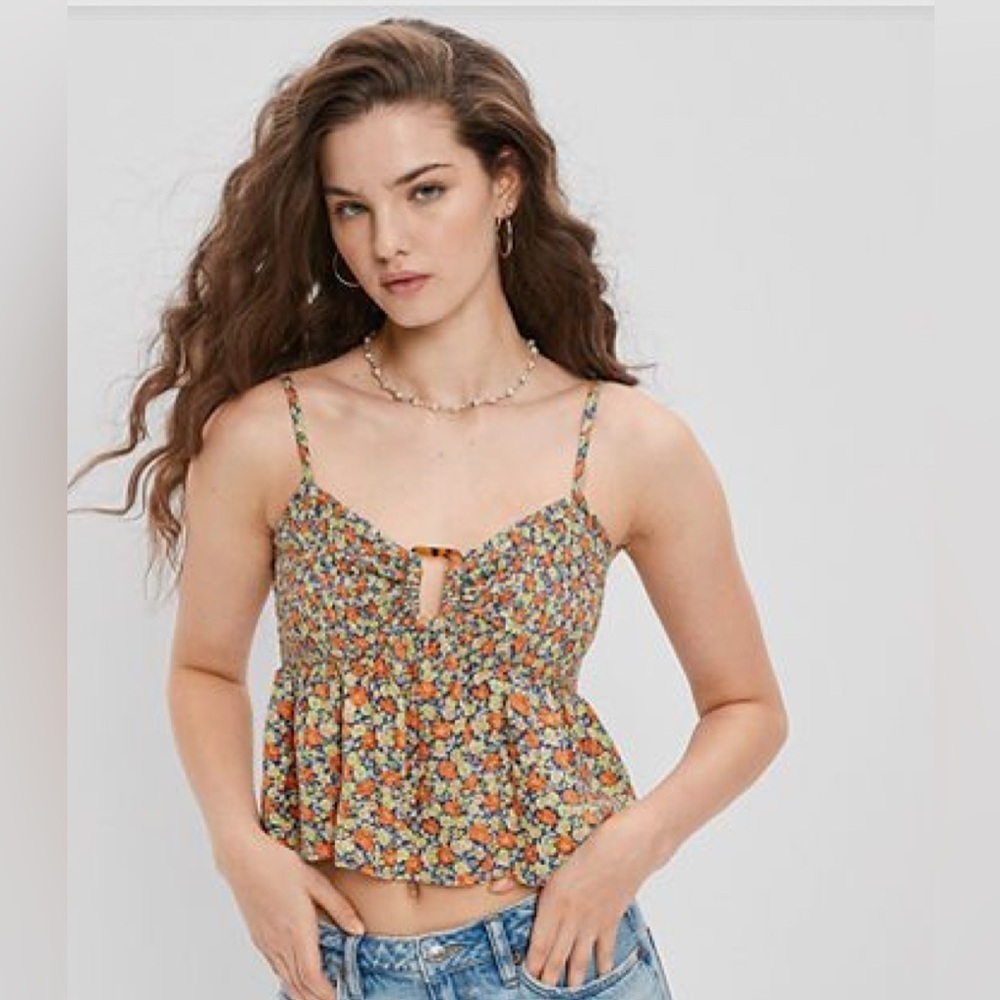 American Eagle Floral Baby Doll Sleeveless Top, Sz Medium, Yellow, Green, Purple - Picture 2 of 7